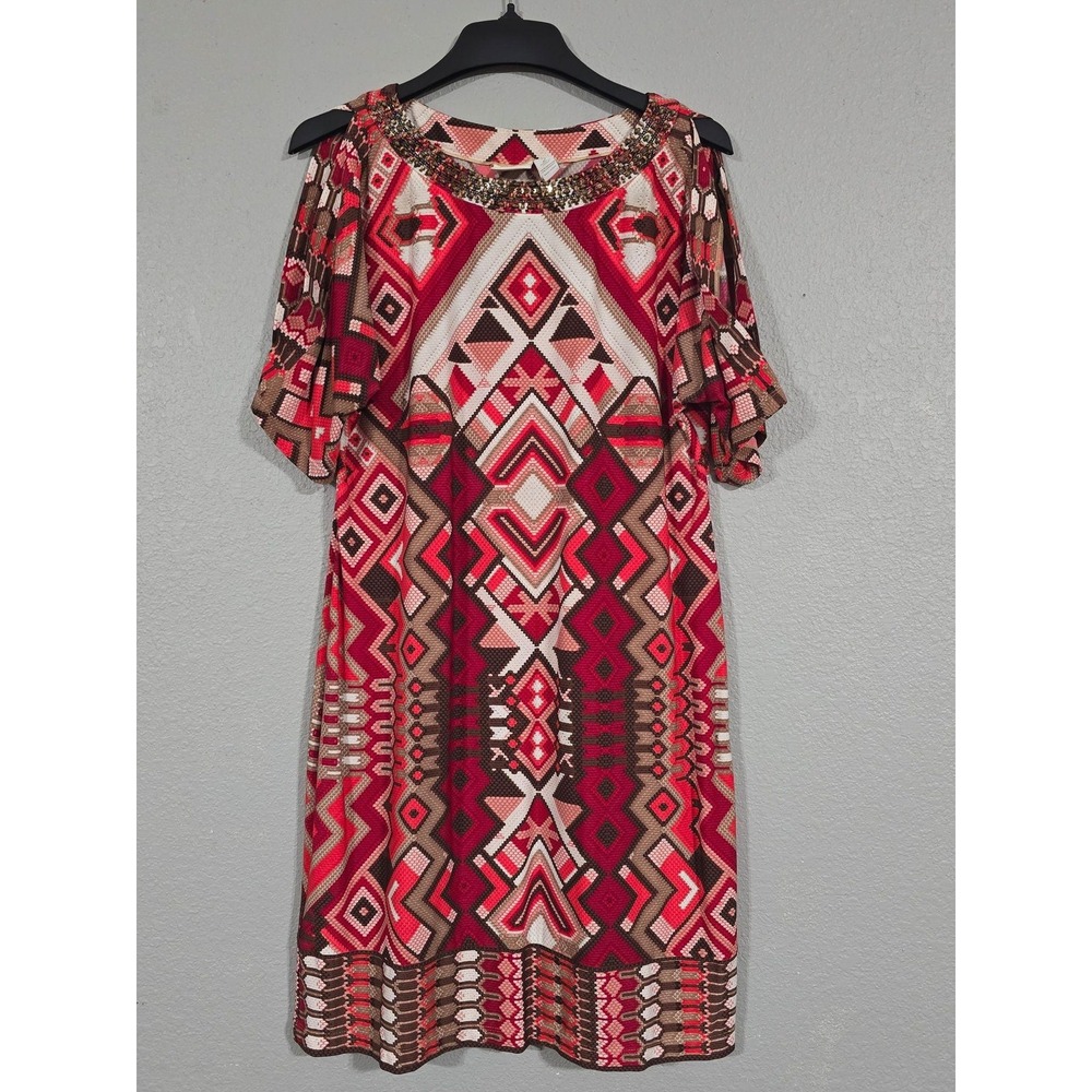 Chicos Dress Womens 2 Red Geometric Beaded Cold Shoulder Shift Knee Length